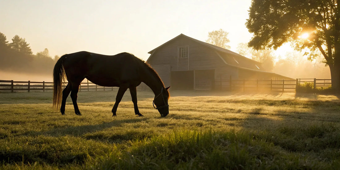A healthy horse grazing, maintained with the best products for hoof strengthening.