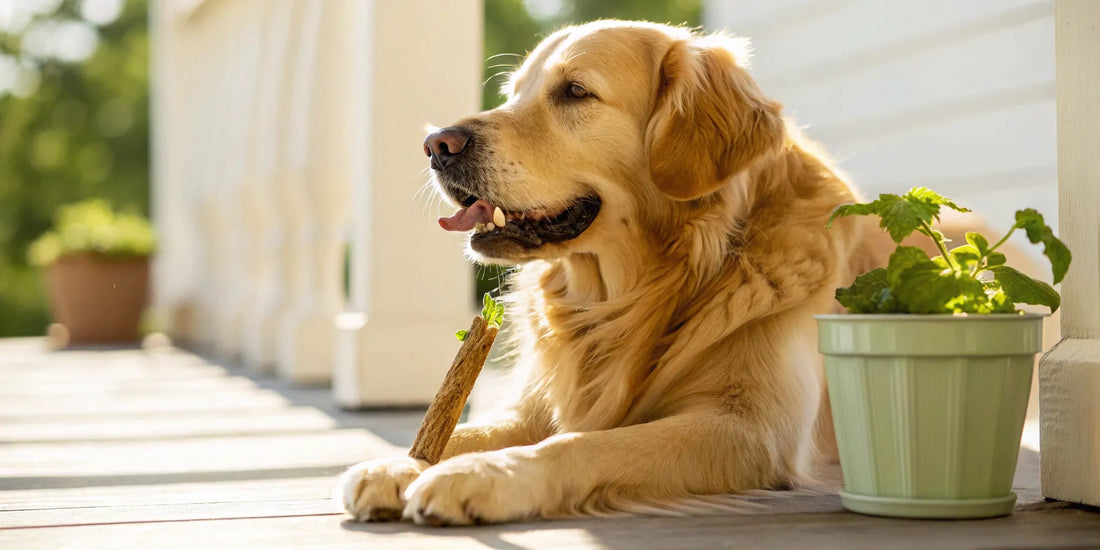A golden retriever chews on a dental stick for canine tartar prevention.