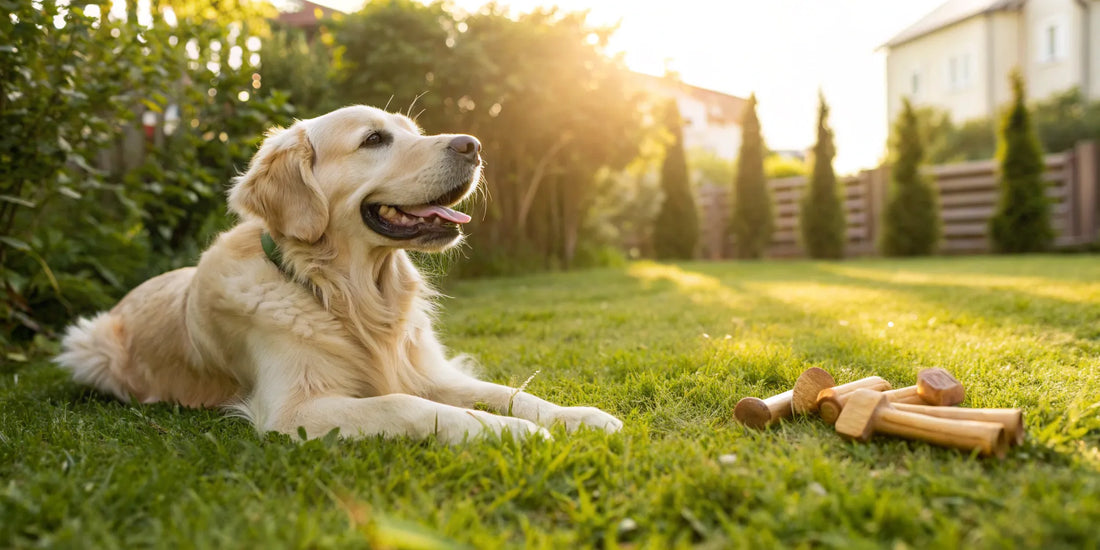 Golden retriever using a chew toy for safe dog teeth cleaning without brushing.