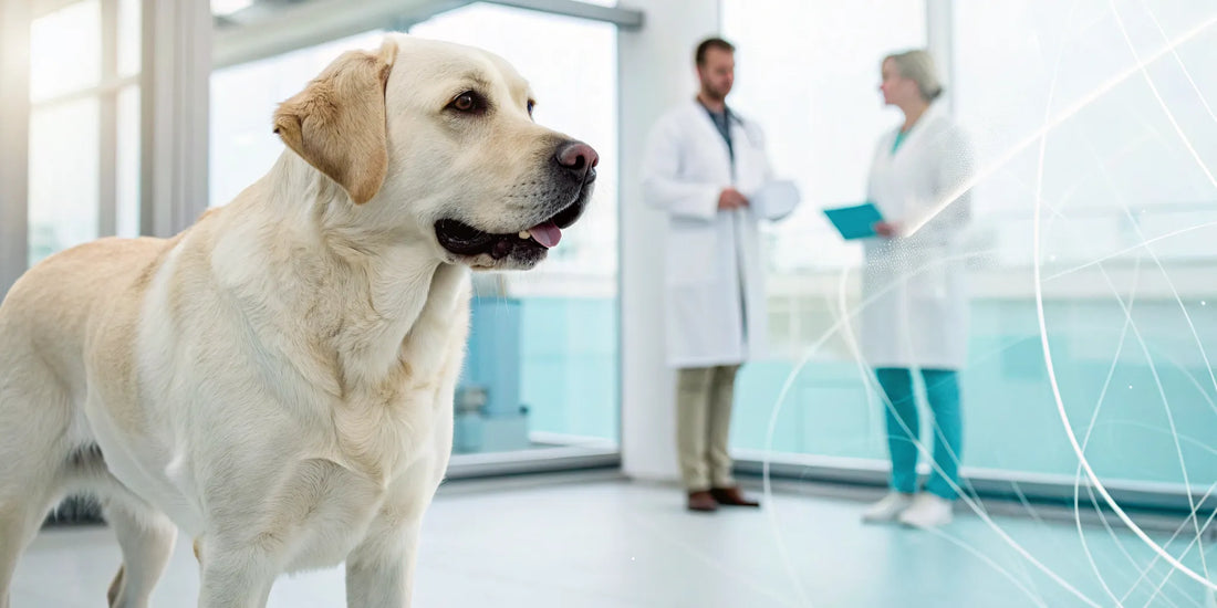 Veterinarian examining a yellow Labrador's leg for an evidence-based joint care plan.