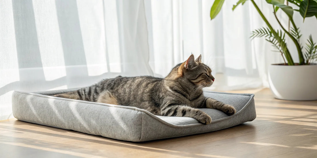 A tabby cat with arthritis relaxing comfortably thanks to natural pain relief.