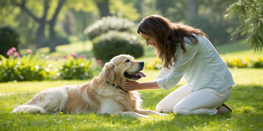 A golden retriever receiving gentle care from its owner for dog joint support.