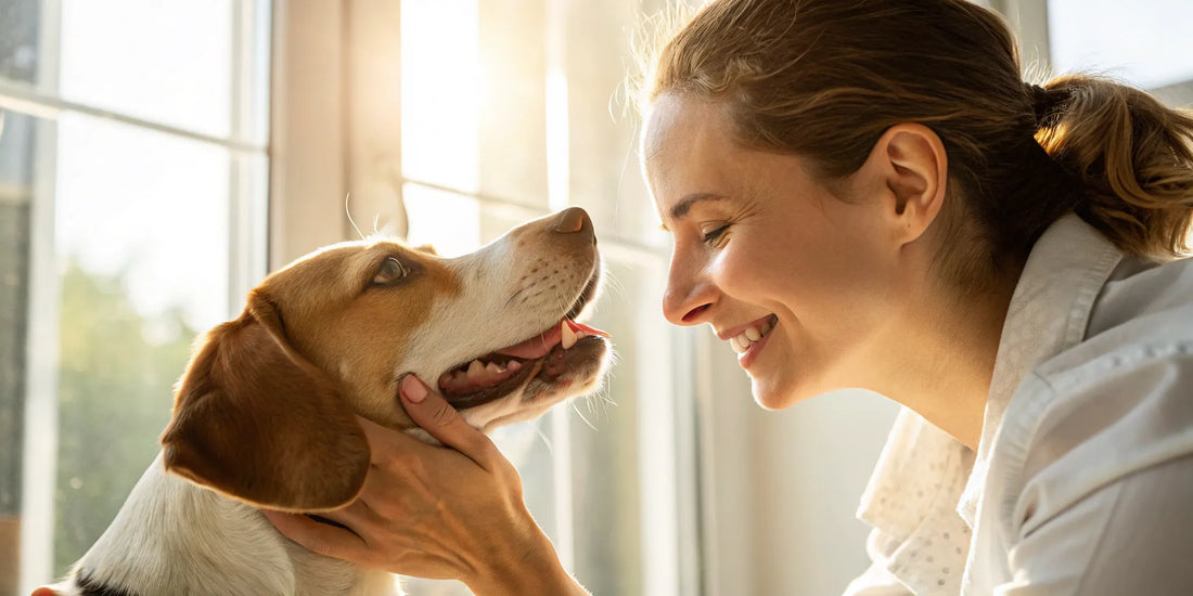 A woman smiles while gently checking her dog's canine teeth for at-home dental care.