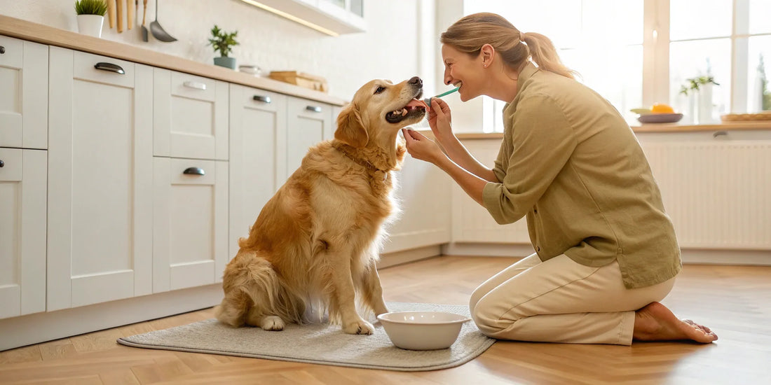 Brushing dog's teeth. Best treatment for bad breath.