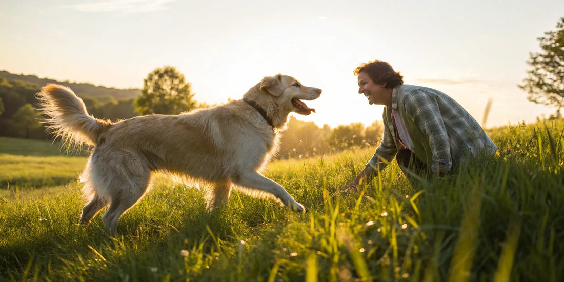 Happy large dog playing outdoors.
