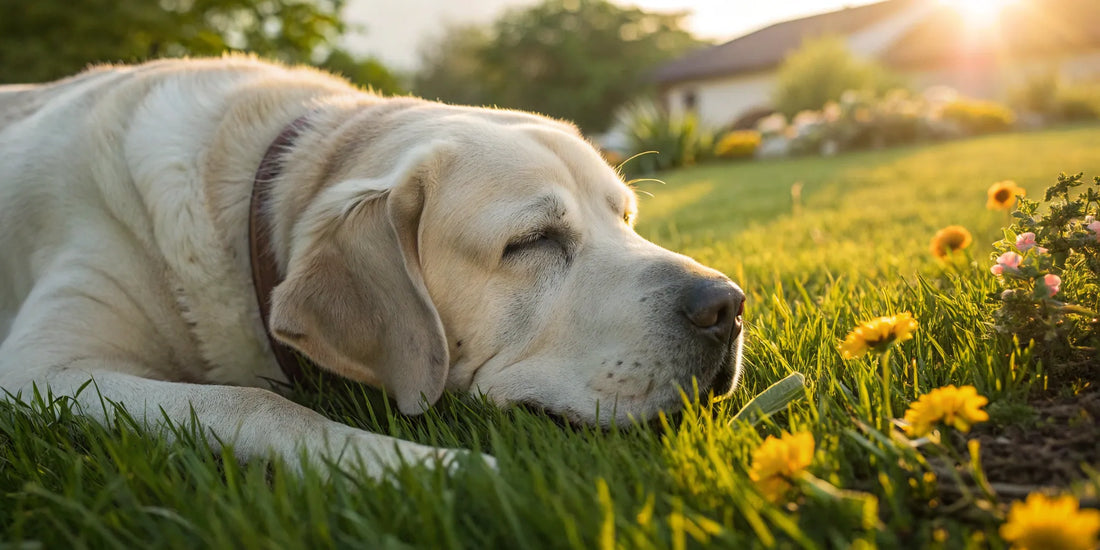 Happy large dog on grass.