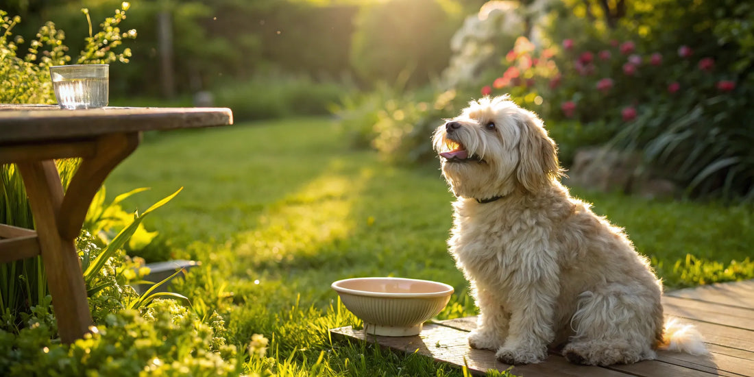 Small dog by water bowl. Joint supplements support small dog joint health.