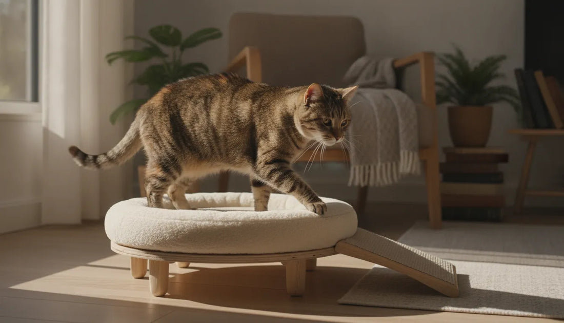 Senior tabby cat stepping comfortably onto a low perch