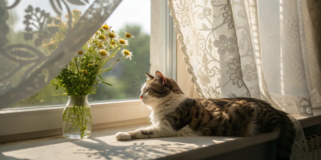 Orange cat resting near window. Cat joint supplement for improved mobility and comfort.