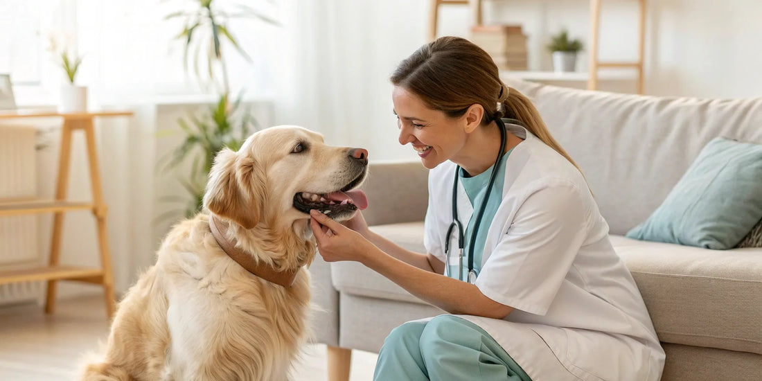 A veterinarian provides treatment for a dog's gum infection during a dental exam.