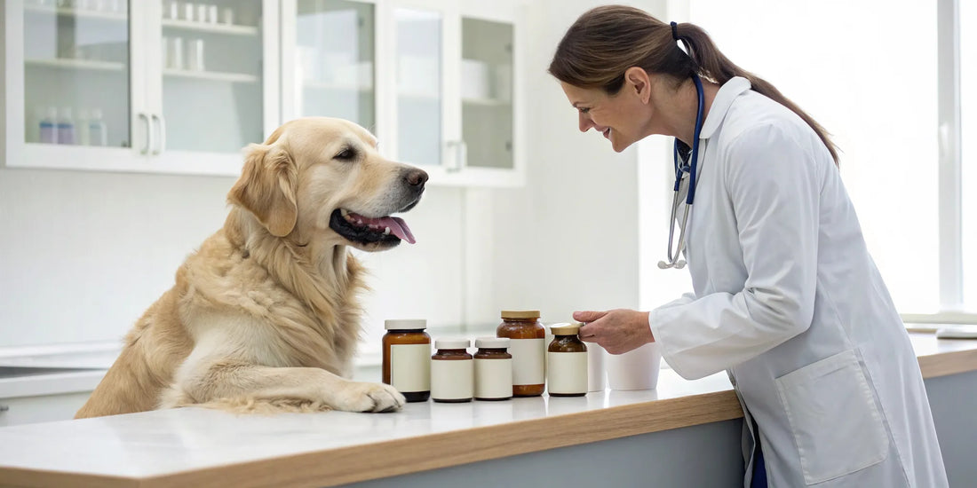 Veterinarian reviewing various dog joint supplements with a dog looking on.