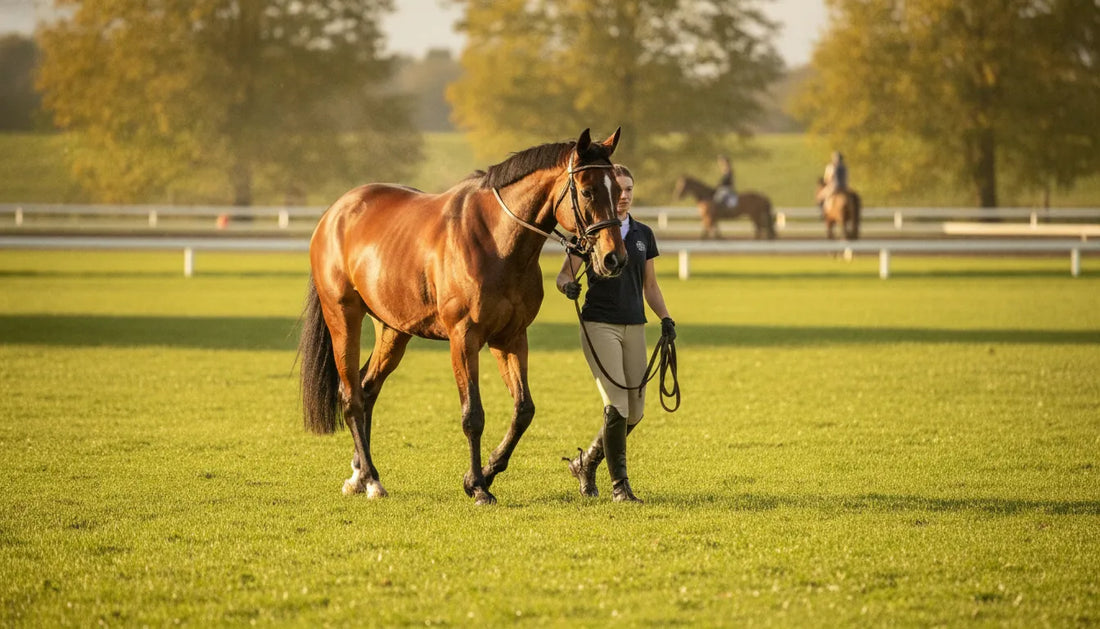 A rider hand-walking and cooling down a chestnut competition horse in a grassy showground paddock after an event
