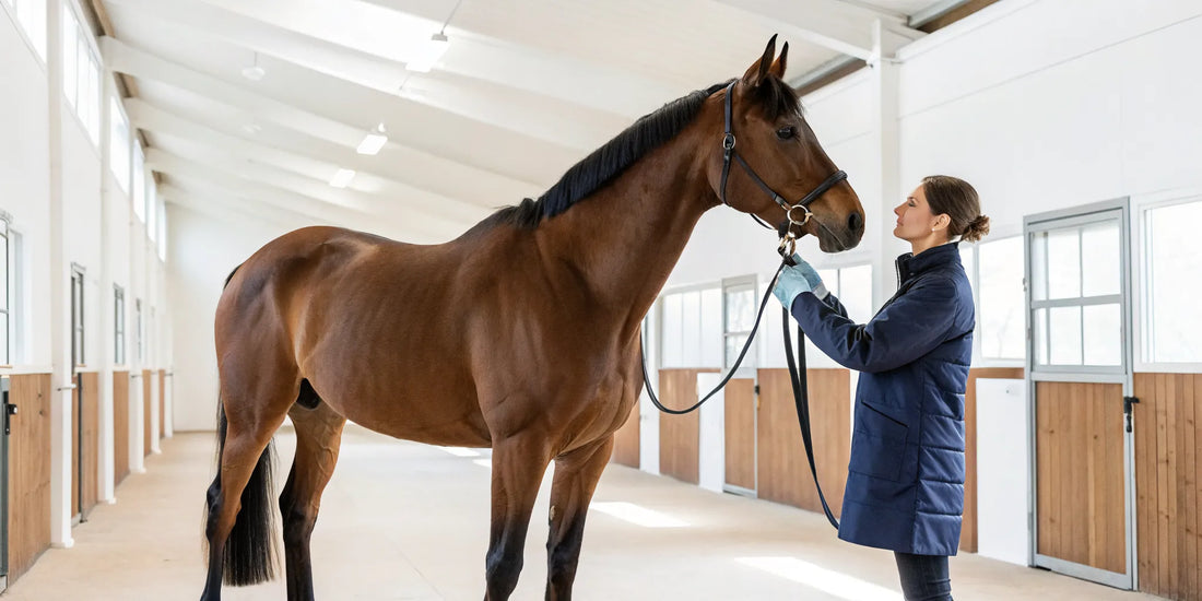 A woman performs a daily health check on her horse in a stable, an essential for equine health.