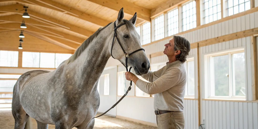 A man caring for his horse, a central theme in the Equine Wellness Magazine.