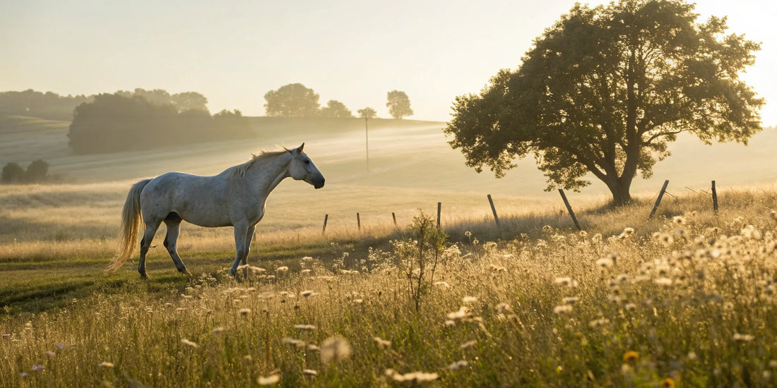 White horse in summer field.  Sore prevention and treatment.