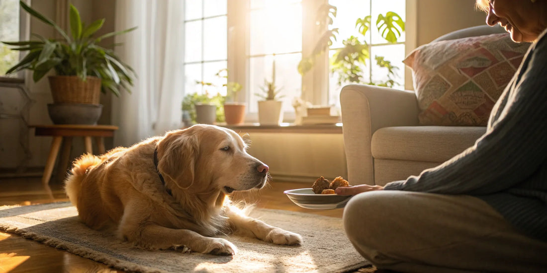An owner gives their senior dog a chewable joint supplement.