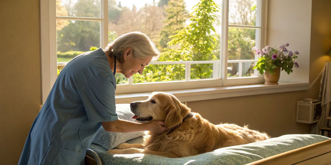 Veterinarian examining a golden retriever to choose the best dog mobility supplement.