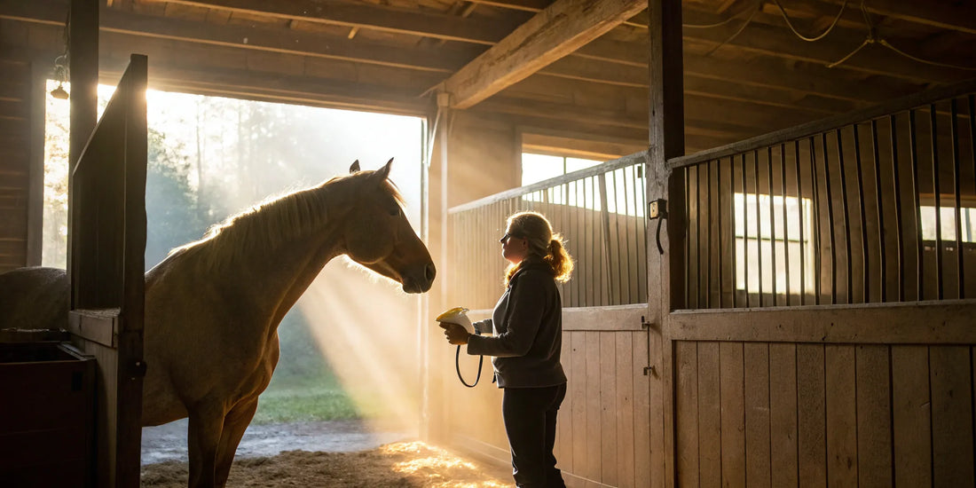 A woman cares for her horse after safely ordering its arthritis meds online.