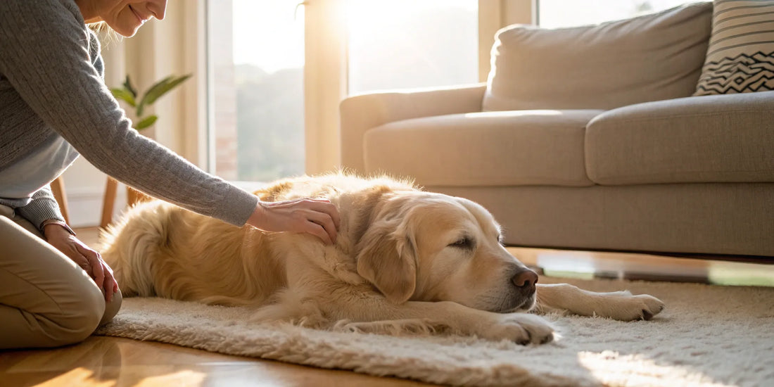 Woman gently relieving a golden retriever's arthritis pain at home.