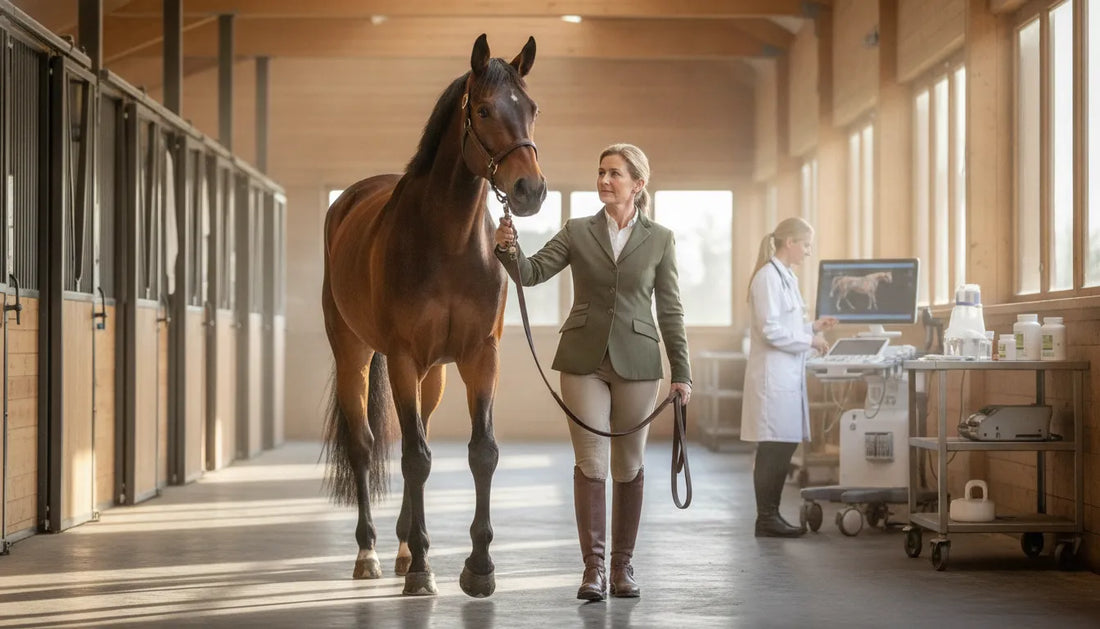 Healthy bay horse walking comfortably with its owner near a stable