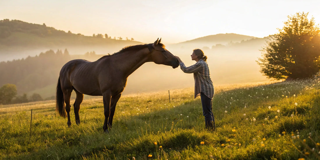 Owner comforting a horse with joint pain in a grassy field.