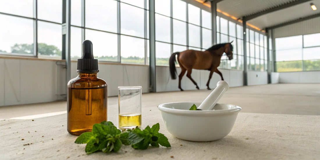 Natural herbs and oils for senior horse joint care prepared in a mortar.