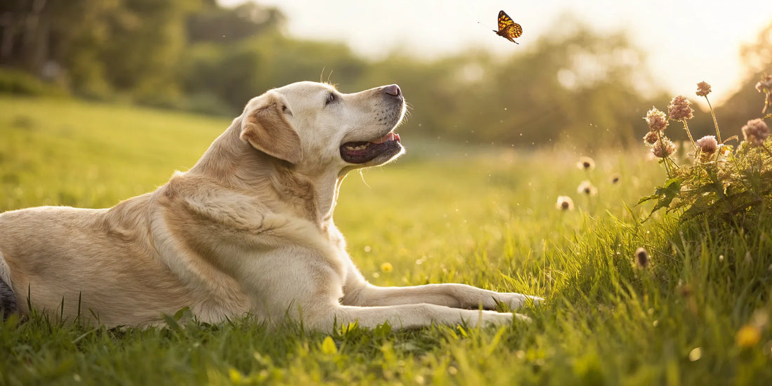 A yellow lab enjoying healthy joints with a scientifically tested dog joint supplement.