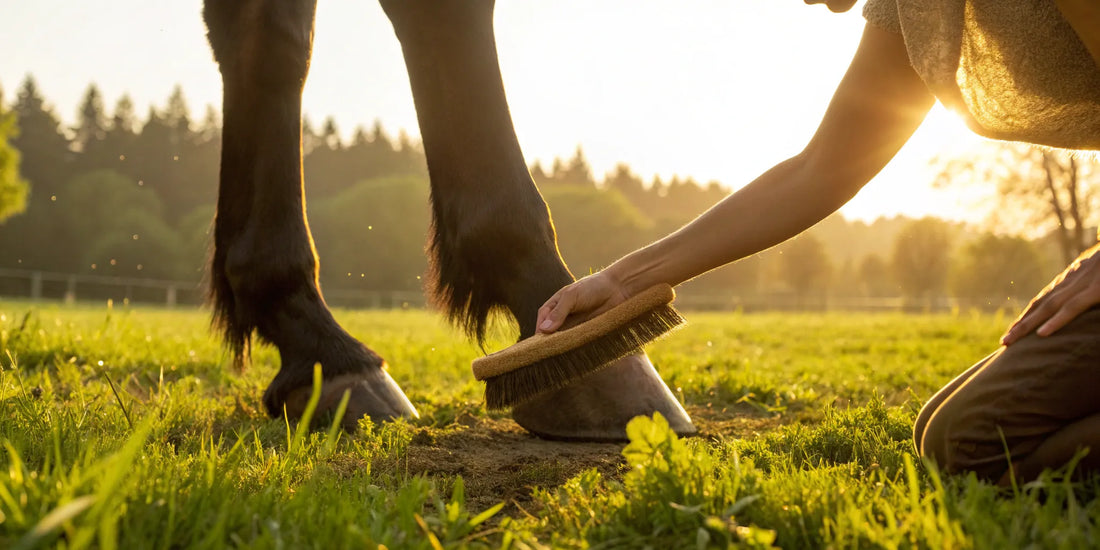 Person cleaning a horse's hoof as part of a daily hoof care routine.