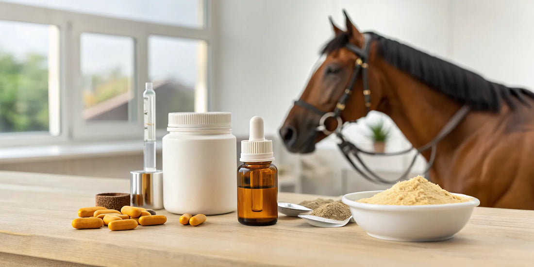 A variety of the best equine joint supplements in powder, liquid, and pellet form.