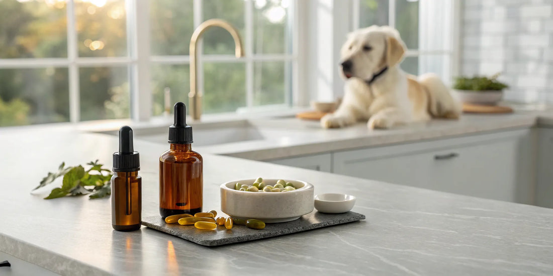 A glucosamine alternative joint supplement for dogs on a counter with a dog in the background.
