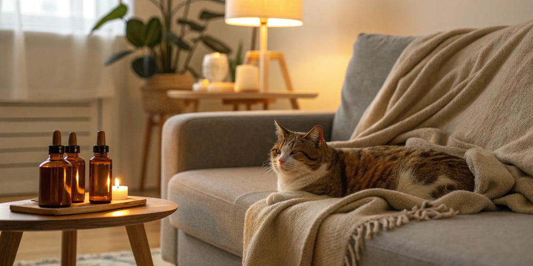 A cat rests comfortably on a sofa beside its feline arthritis supplements.