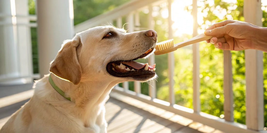 An owner brushing their dog's teeth for better oral health.