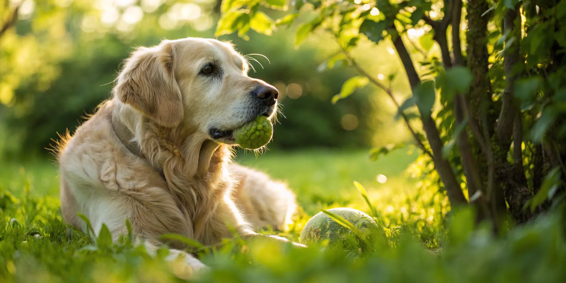 Senior golden retriever with a ball in its mouth, a sign of good dental care for senior dogs.