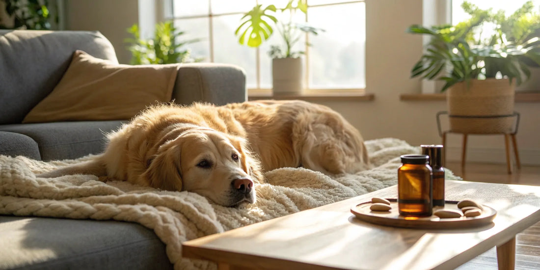 Golden retriever resting comfortably, finding relief with top rated joint supplements for dogs.