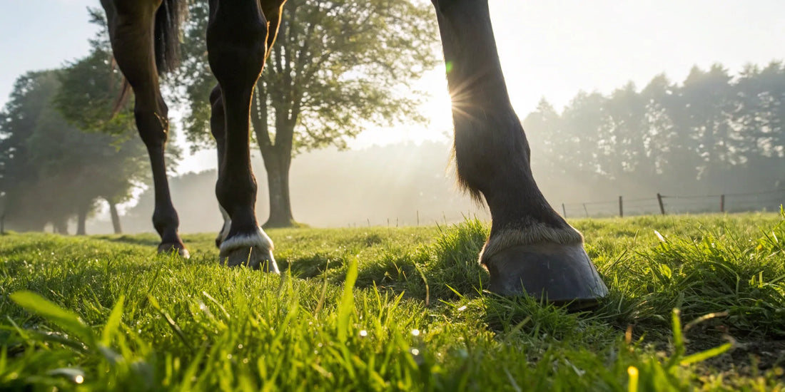 A horse's hooves on dewy grass, an important factor in the treatment for brittle hooves.