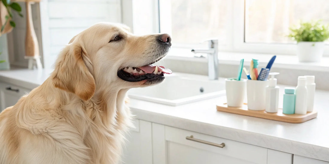Golden retriever with the best dog dental care products on a counter.