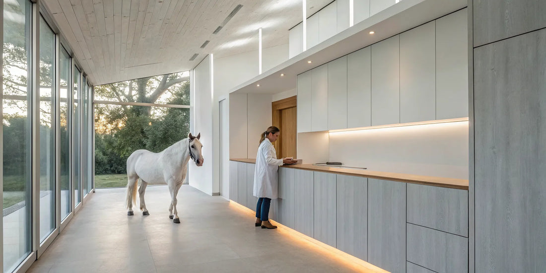 A veterinarian provides care for a horse with a formulated equine supplement.