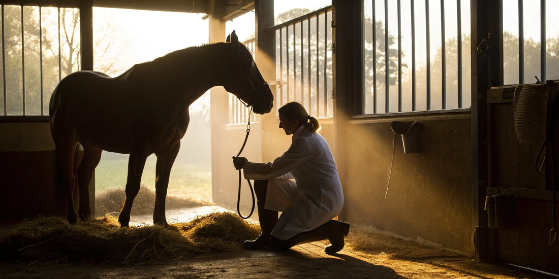 Veterinarian applying treatment to a quarter crack on a horse's hoof.