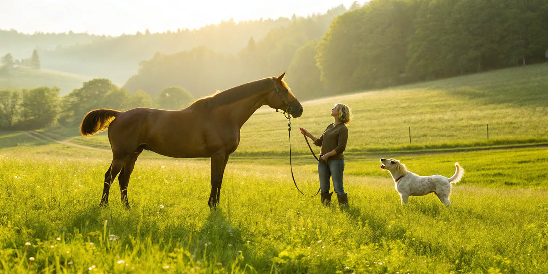 Woman with her horse and dog, kept active with a vet recommended joint supplement.