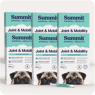 Joint & Mobility Liquid for Small Dogs packaging and syringe, Summit Animal Health branding.